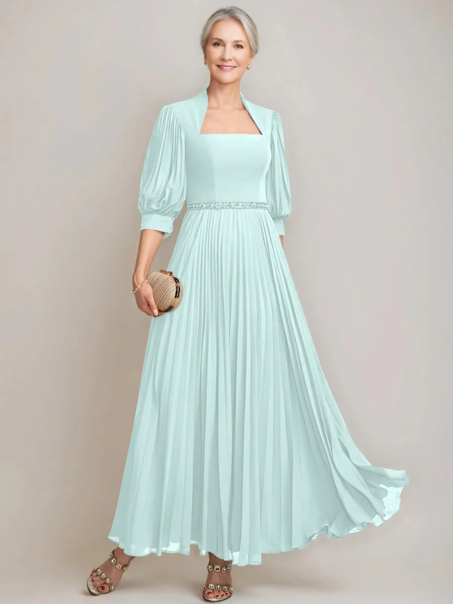 A-line/Princess Queen Anne Neckline Ankle-Length Pleated Mother of the Bride Dresses with Sequins & Beads - Image 54