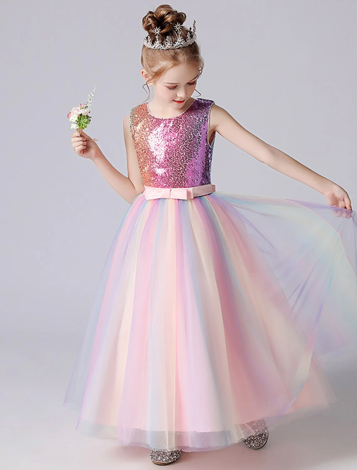 A-Line/Princess Rainbow Unicorn Flower Girl Dresses with Sequins & Belt - Image 3