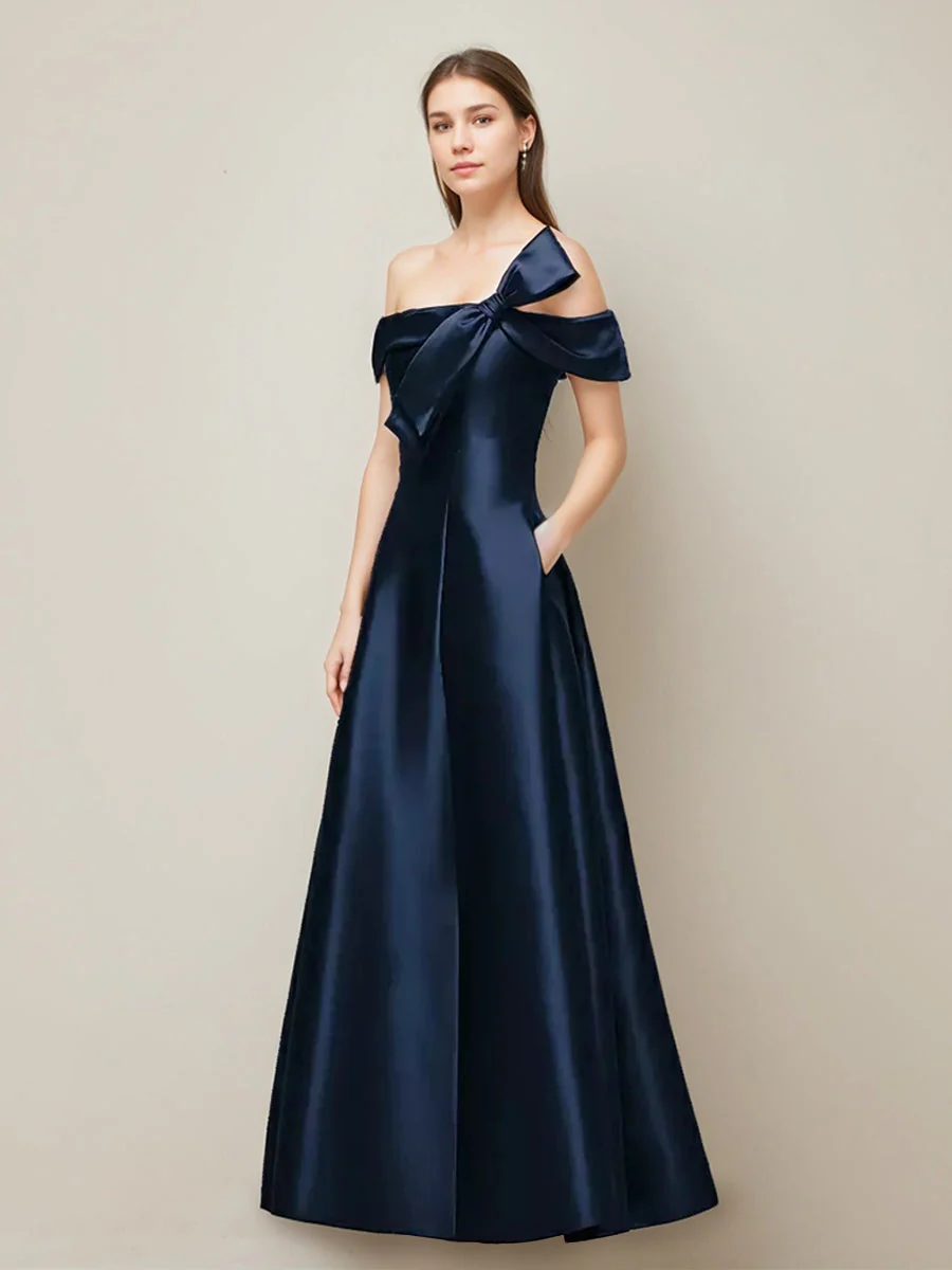 A-line/Princess Romantic Off-the-shoulder Floor-Length Wedding Guest Dress with Bow - Image 3