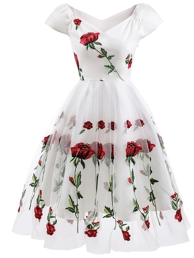 A-Line/Princess Off-the-Shoulder Knee Length Short Sleeves Party Dresses with Embroidery Appliques - Image 3