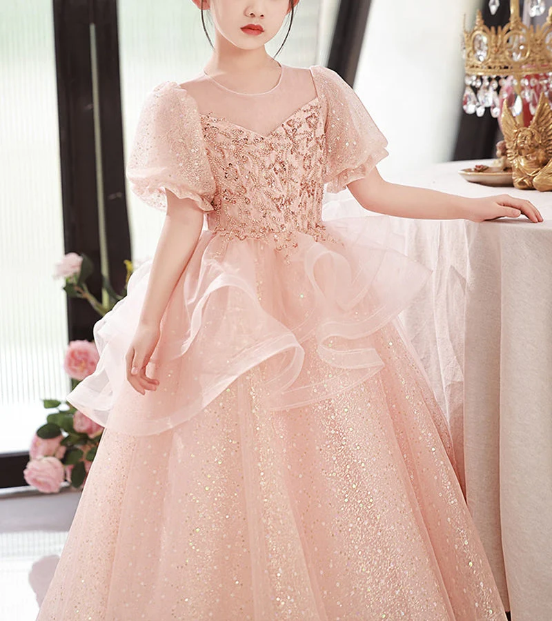 A-Line/Princess Round Neck Short Sleeves Flower Girl Party Dress with Crystal Appliques - Image 4