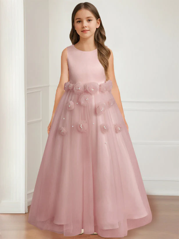 A-Line/Princess Round Neck Sleeveless Floor-Length Flower Girl Dress with 3D floral pattern - Image 11