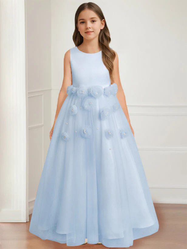 A-Line/Princess Round Neck Sleeveless Floor-Length Flower Girl Dress with 3D floral pattern - Image 15