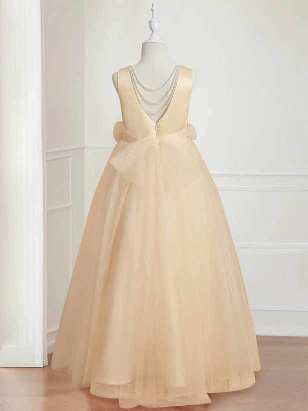 A-Line/Princess Round Neck Sleeveless Floor-Length Flower Girl Dress with 3D floral pattern - Image 2