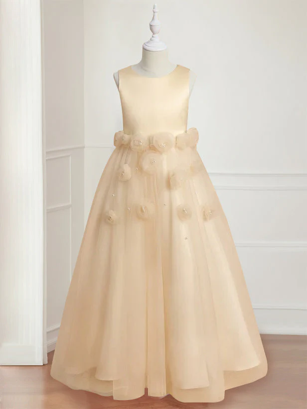 A-Line/Princess Round Neck Sleeveless Floor-Length Flower Girl Dress with 3D floral pattern - Image 3