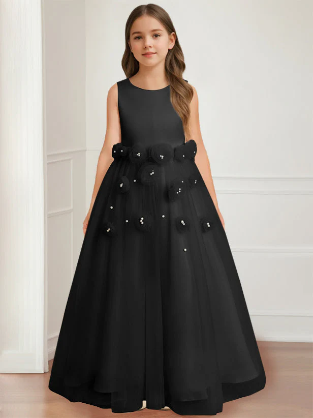 A-Line/Princess Round Neck Sleeveless Floor-Length Flower Girl Dress with 3D floral pattern - Image 4