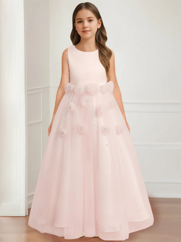 A-Line/Princess Round Neck Sleeveless Floor-Length Flower Girl Dress with 3D floral pattern - Image 5