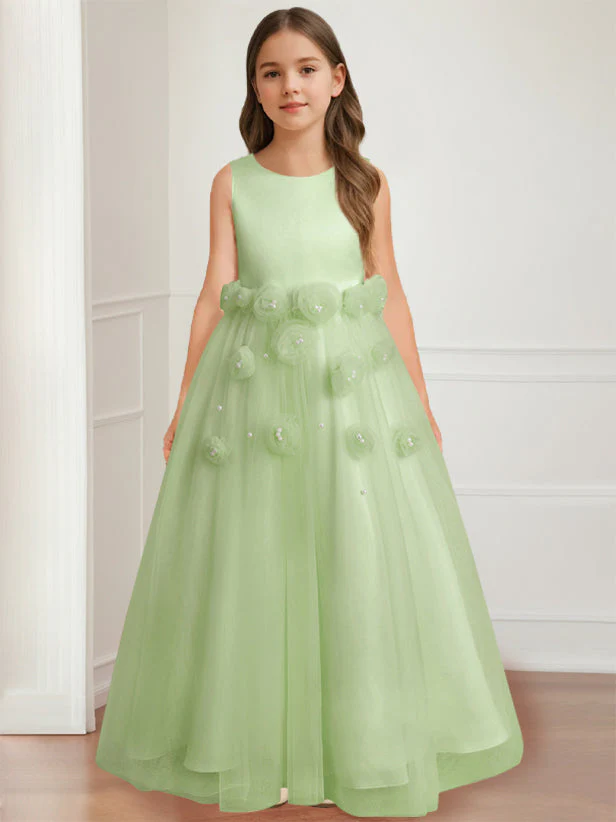 A-Line/Princess Round Neck Sleeveless Floor-Length Flower Girl Dress with 3D floral pattern - Image 7