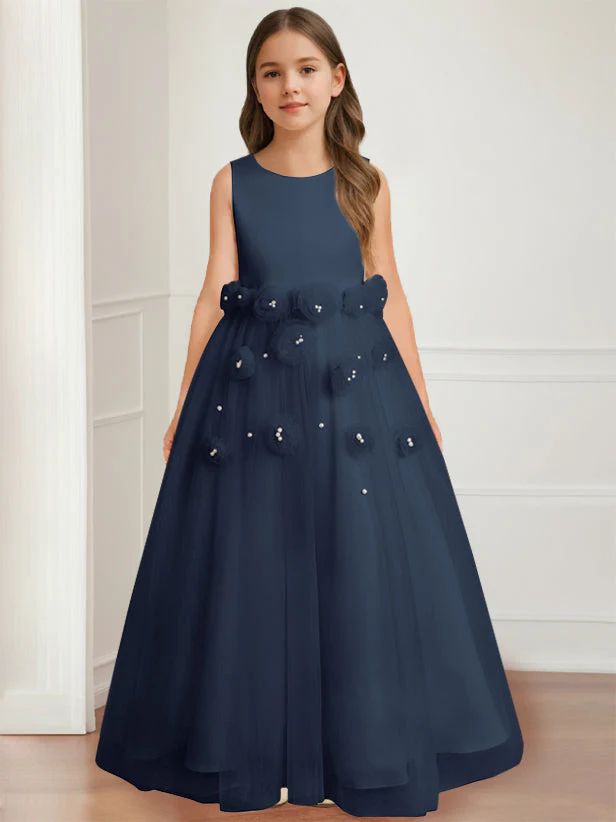 A-Line/Princess Round Neck Sleeveless Floor-Length Flower Girl Dress with 3D floral pattern - Image 9