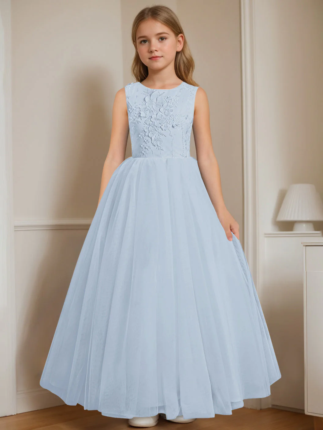 A-Line/Princess Round Neck Sleeveless Floor-Length Flower Girl Dress with Appliques - Image 15