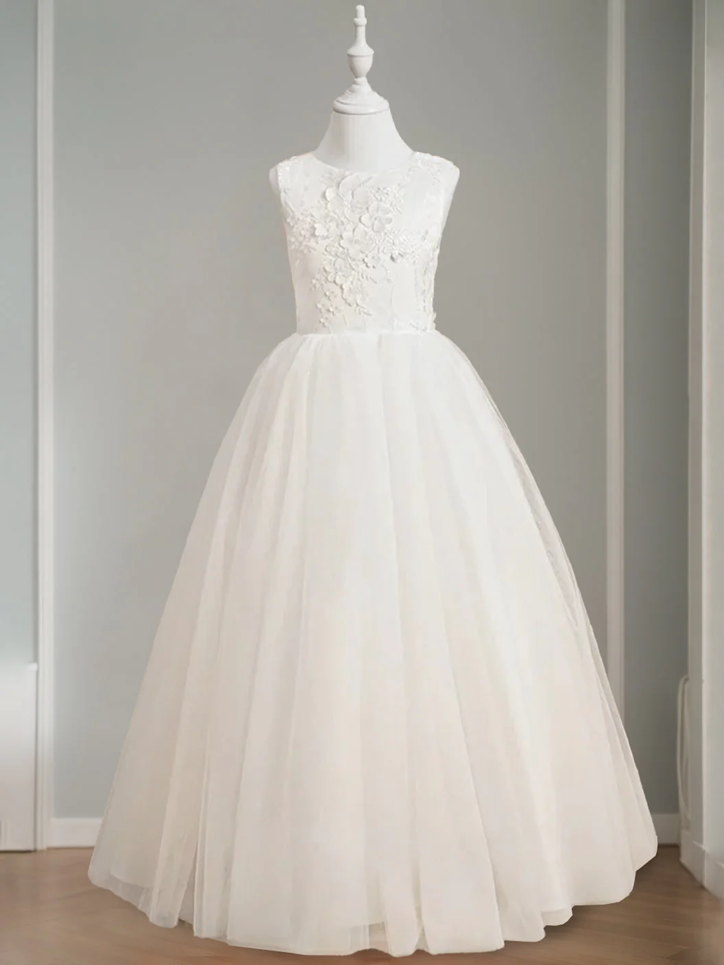 A-Line/Princess Round Neck Sleeveless Floor-Length Flower Girl Dress with Appliques - Image 3