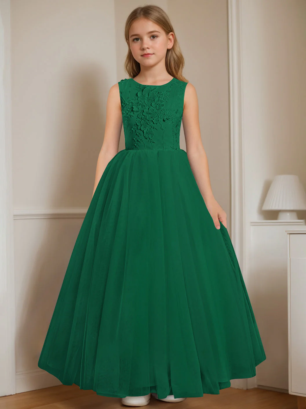 A-Line/Princess Round Neck Sleeveless Floor-Length Flower Girl Dress with Appliques - Image 9