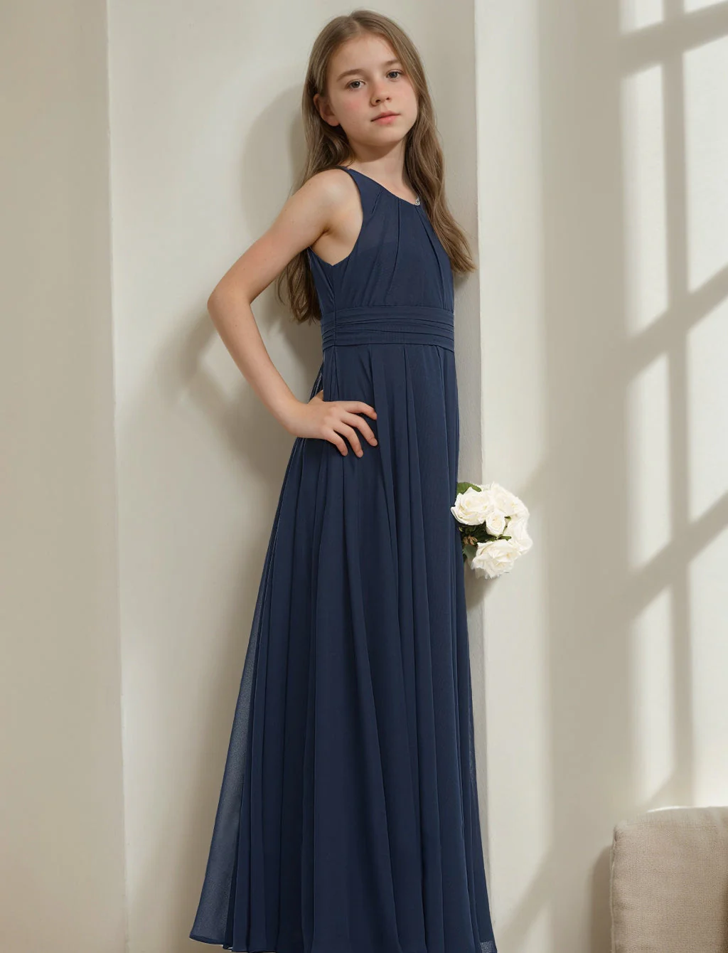 A-Line/Princess Round Neck Sleeveless Junior Bridesmaid Dresses with Pleats - Image 3