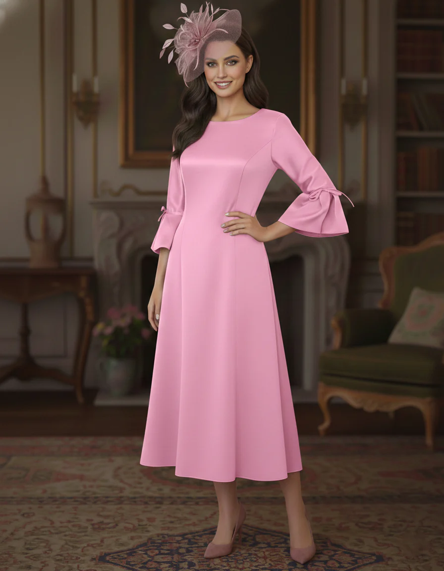 A-Line/Princess Round Neck Tea-Length Mother of the Bride Dresses 3/4 Sleeves - Image 5