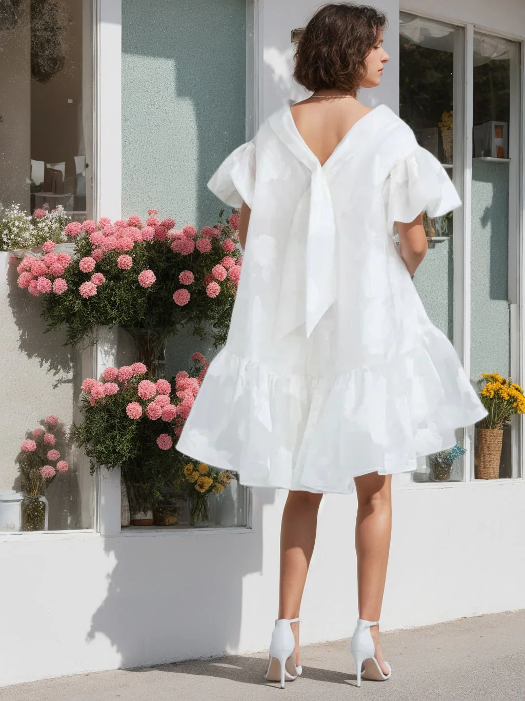 A-Line/Princess Round Short Sleeves Asymmetrical Wedding Dress With Bowknot - Image 2