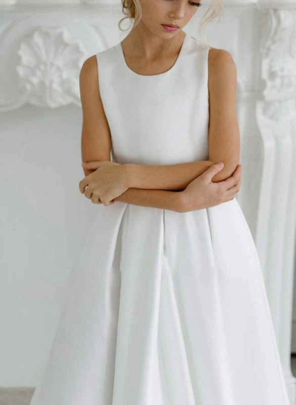 A-Line/Princess Satin Flower Girl Dresses with Applique & Bowknot - Image 2