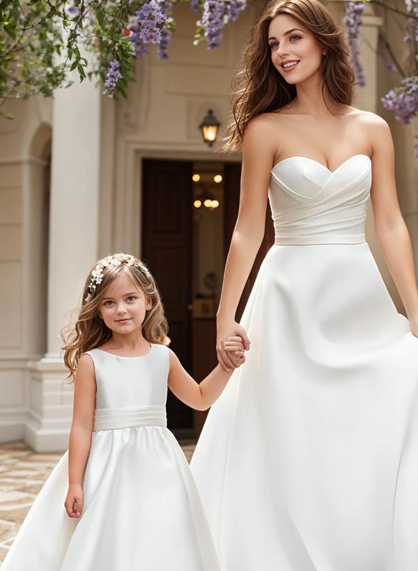 A-Line/Princess Satin Flower Girl Dresses with Bowknot - Image 3