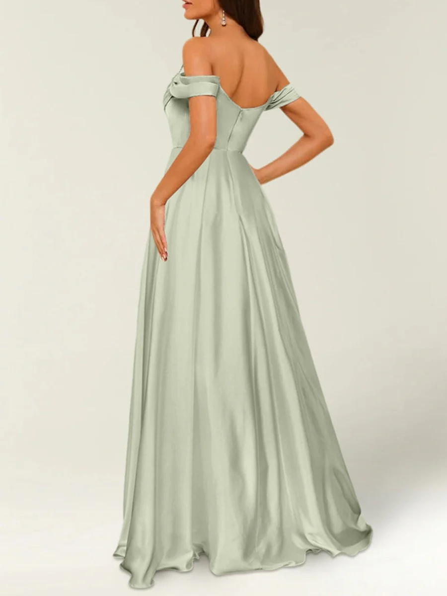 A Line/Princess Satin Off-the-shoulder Sleeveless Floor-Length Bridesmaid Dresses - Image 2