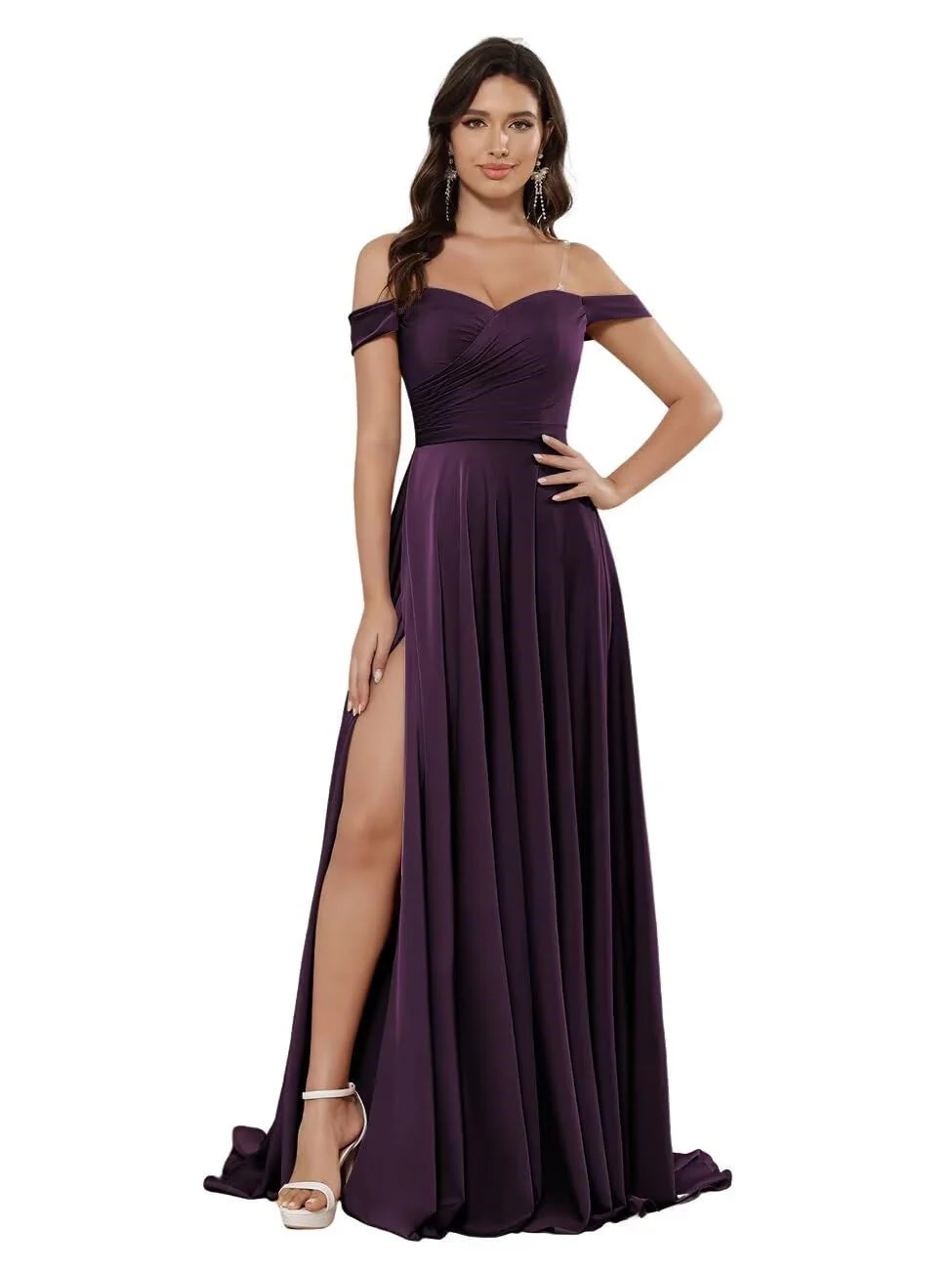A Line/Princess Satin Off-the-shoulder Sleeveless Floor-Length Bridesmaid Dresses - Image 6