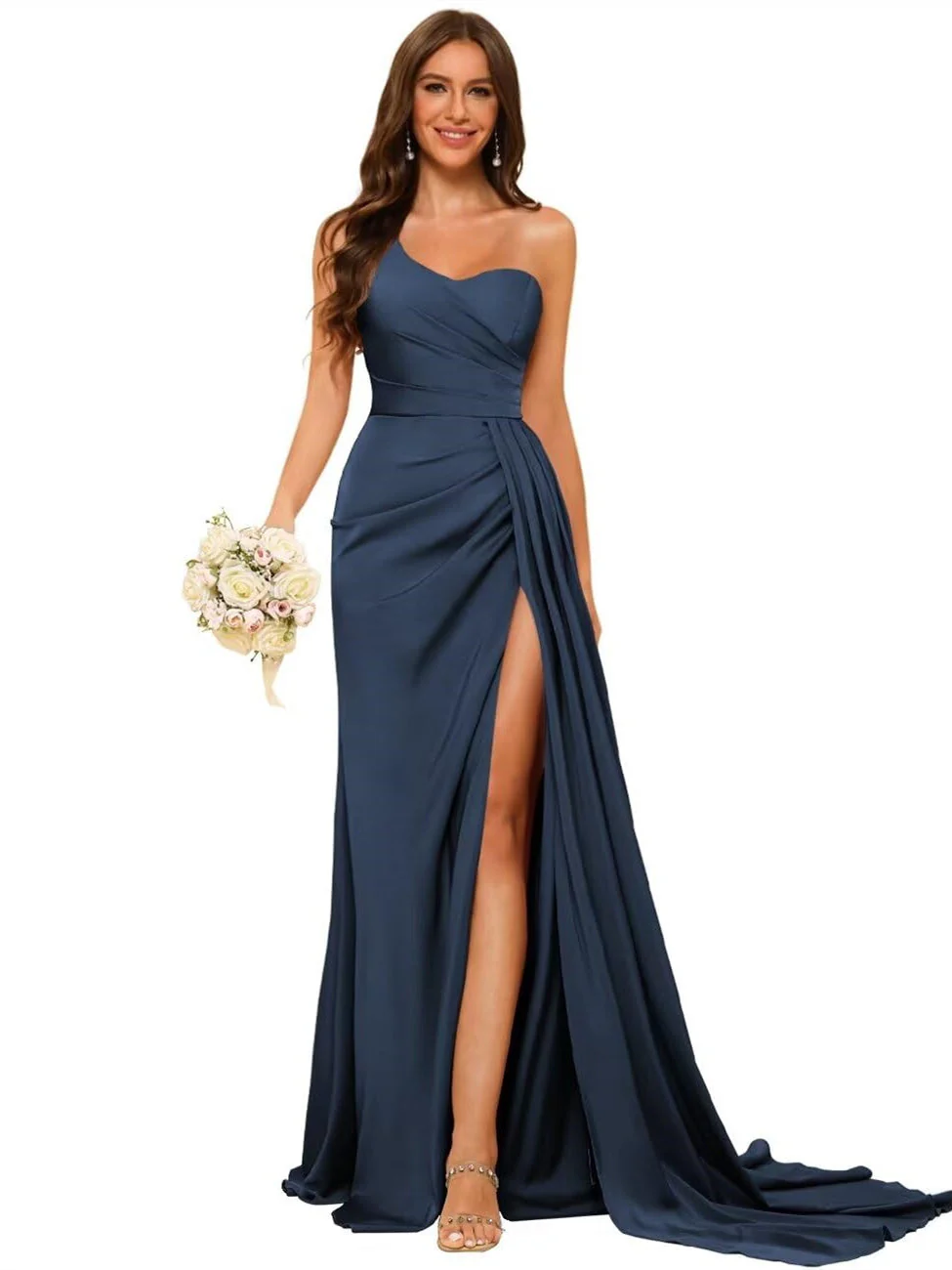 A Line/Princess Satin One-shoulder Sleeveless Floor-Length Bridesmaid Dresses - Image 10
