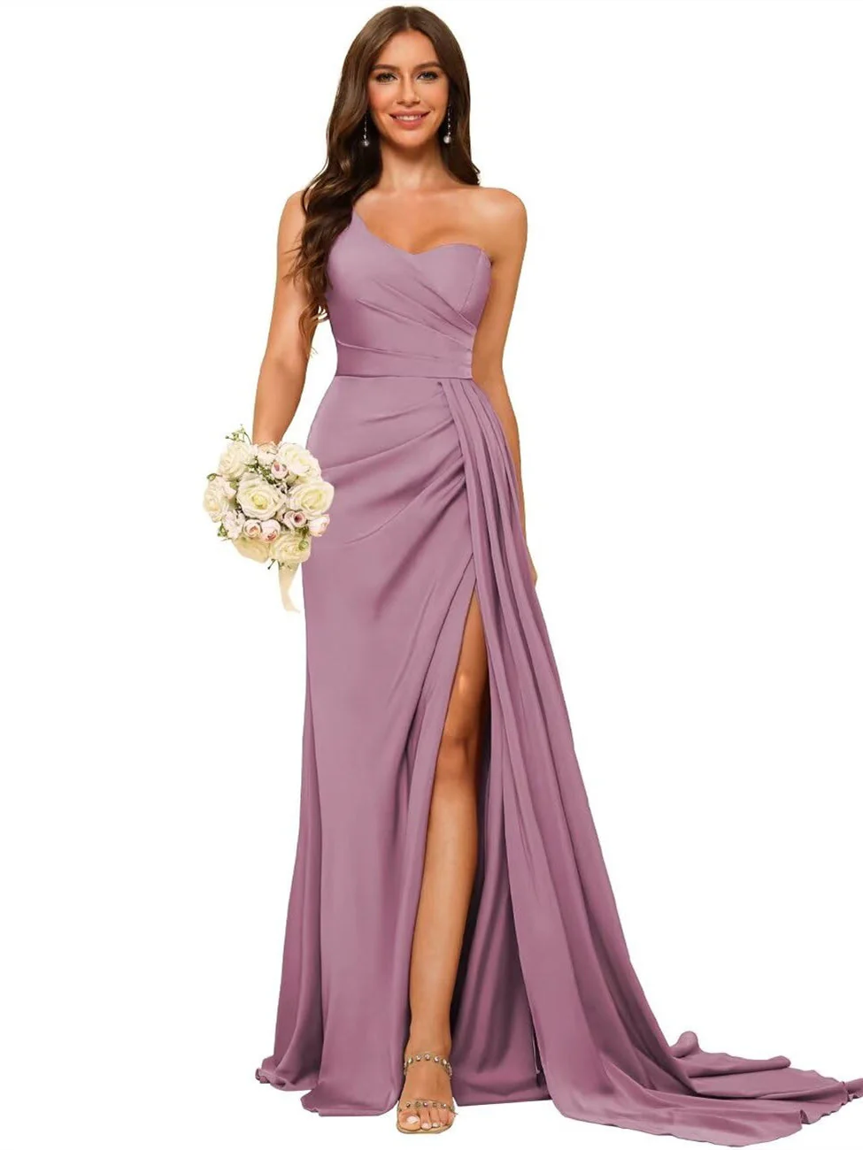A Line/Princess Satin One-shoulder Sleeveless Floor-Length Bridesmaid Dresses - Image 15