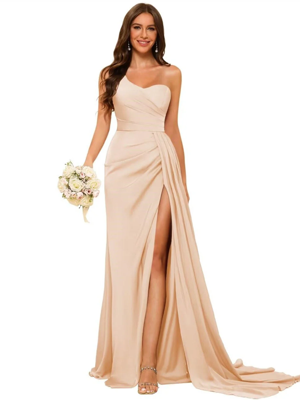 A Line/Princess Satin One-shoulder Sleeveless Floor-Length Bridesmaid Dresses - Image 40