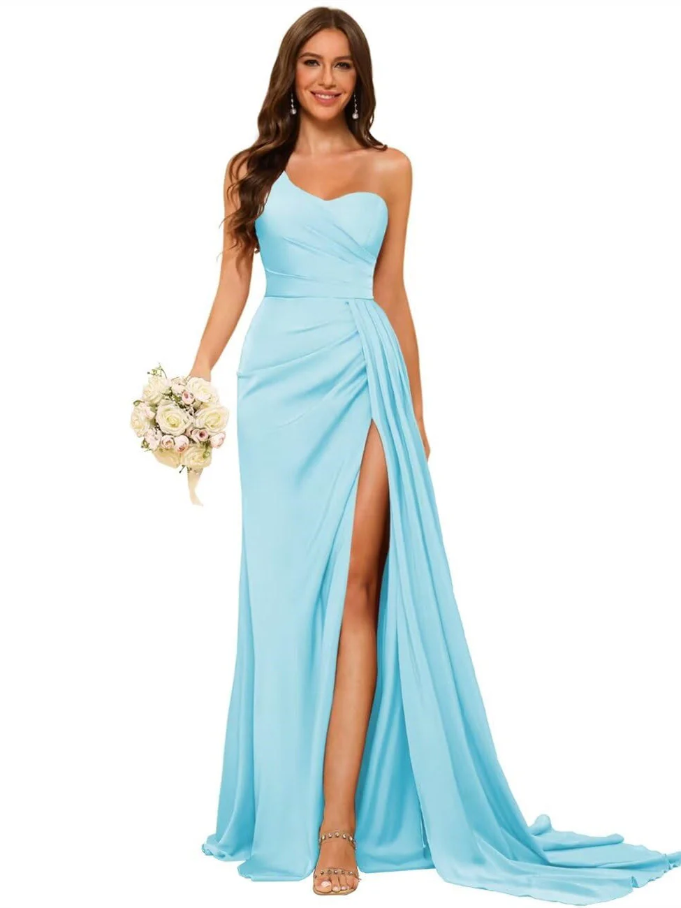 A Line/Princess Satin One-shoulder Sleeveless Floor-Length Bridesmaid Dresses - Image 41