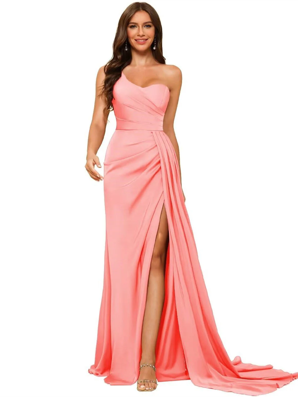 A Line/Princess Satin One-shoulder Sleeveless Floor-Length Bridesmaid Dresses - Image 8