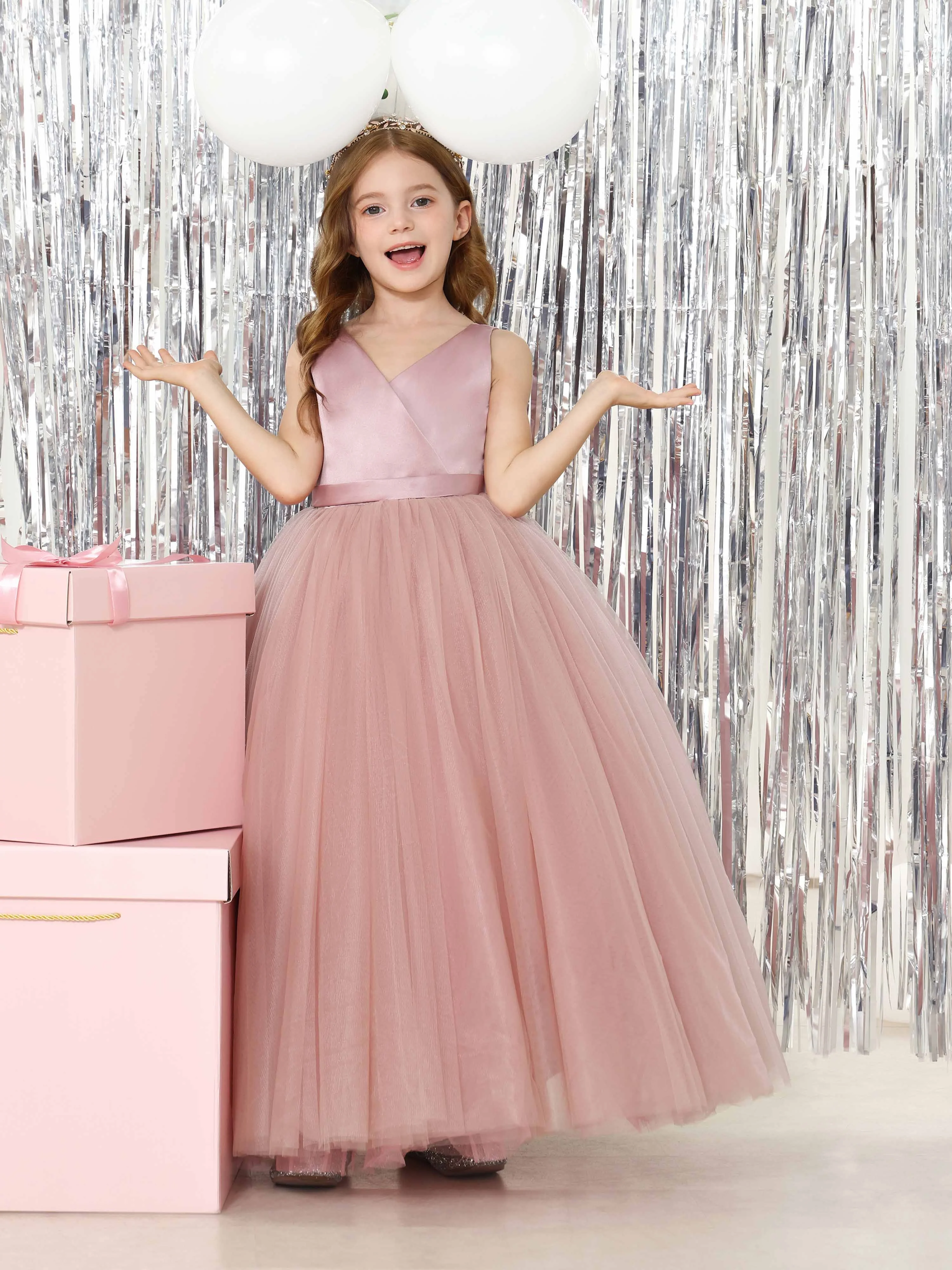 Ball-Gown Satin Sleeveless V-Neck Floor-Length Flower Girl Dresses - Image 10
