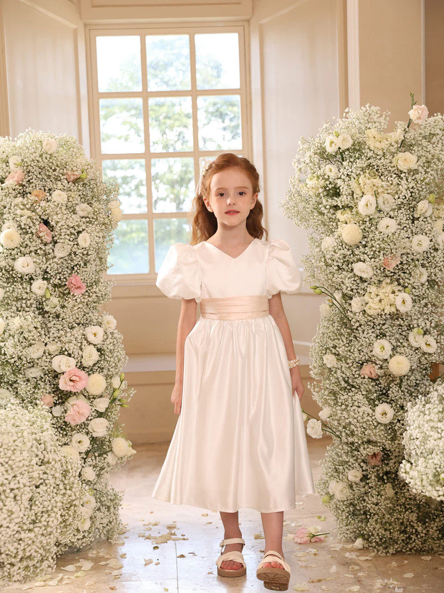 A-Line/Princess Satin V-Neck Short Sleeves Tea-Length Flower Girl Dresses - Image 4