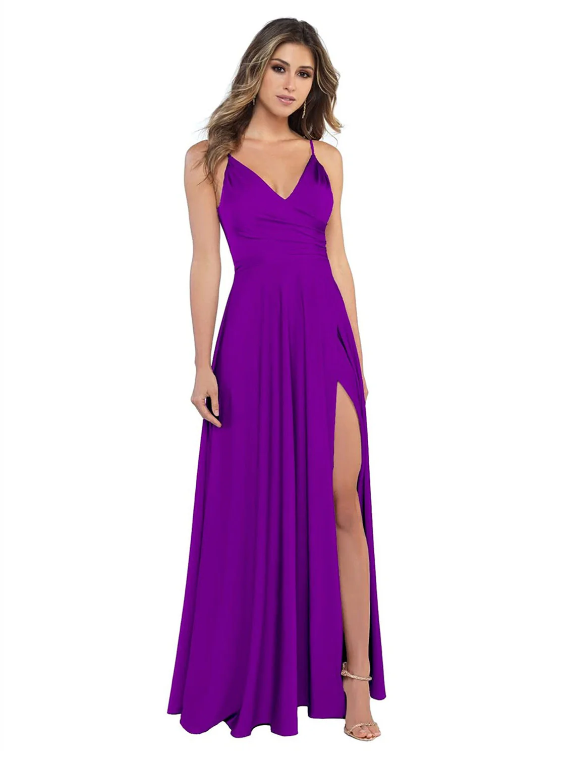 A Line/Princess Satin V-Neck Sleeveless Floor-Length Bridesmaid Dresses - Image 19