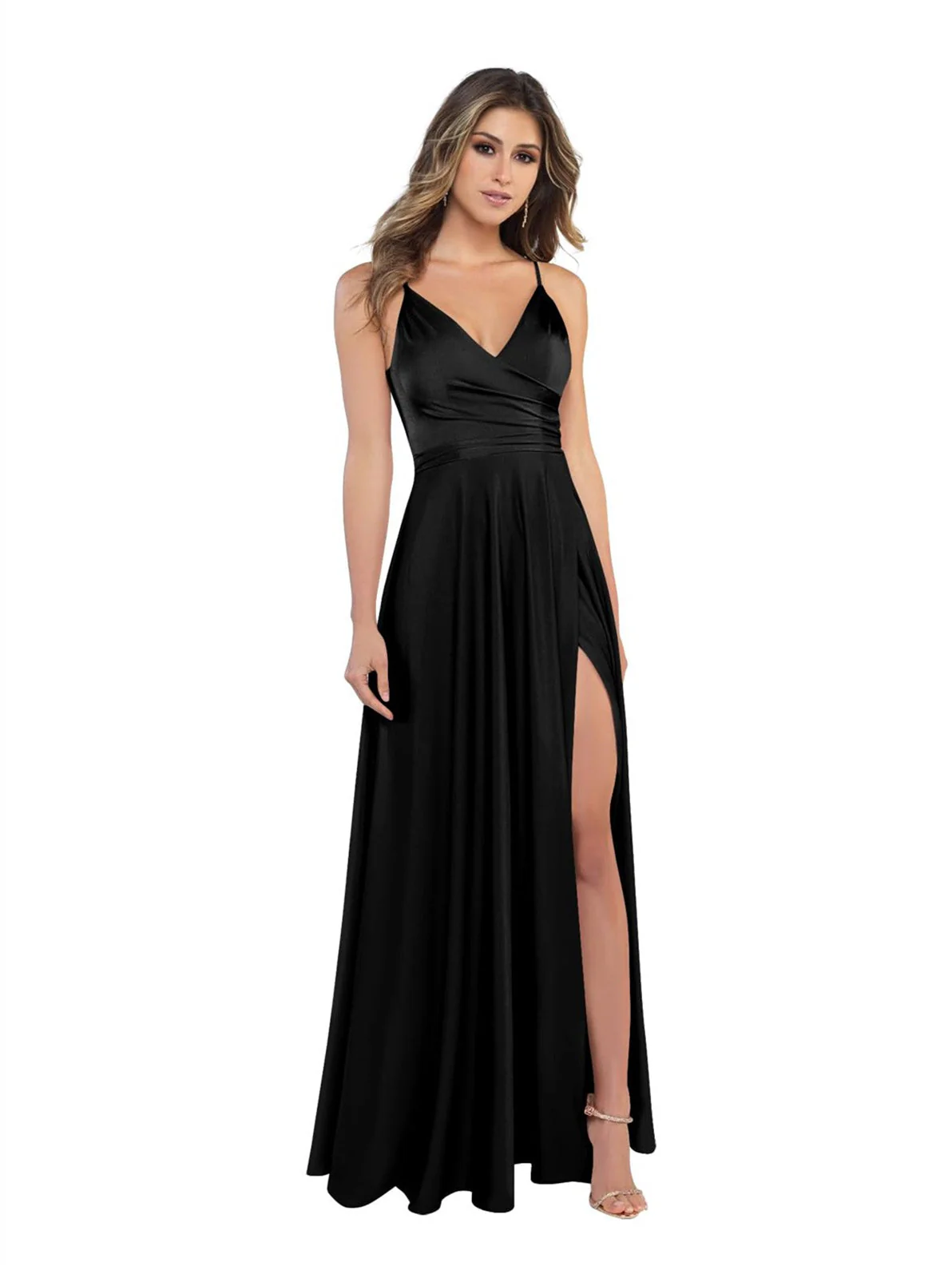 A Line/Princess Satin V-Neck Sleeveless Floor-Length Bridesmaid Dresses - Image 27