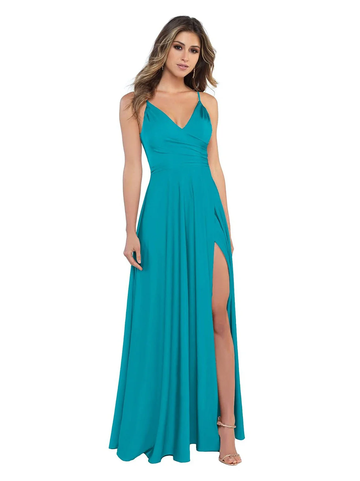 A Line/Princess Satin V-Neck Sleeveless Floor-Length Bridesmaid Dresses - Image 39