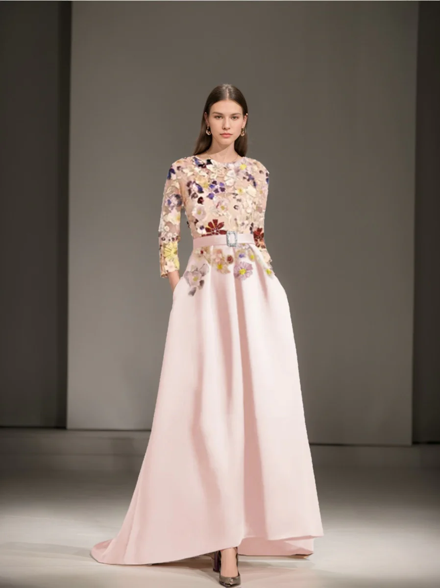 A-Line/Princess Scoop 3/4 Sleeves Asymmetrical Mother of the Bride Dresses with Appliques Lace - Image 3