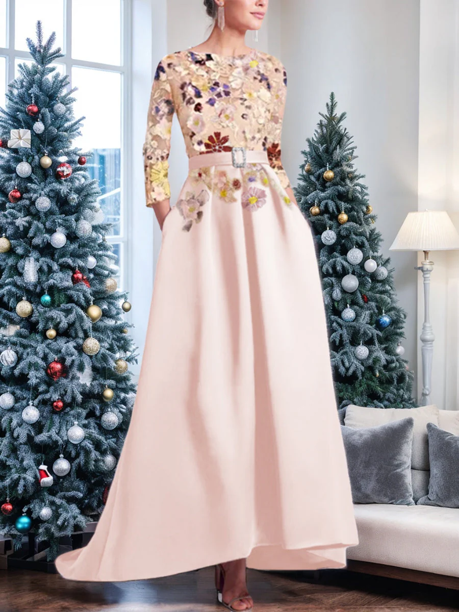 A-Line/Princess Scoop 3/4 Sleeves Asymmetrical Mother of the Bride Dresses with Appliques Lace - Image 4