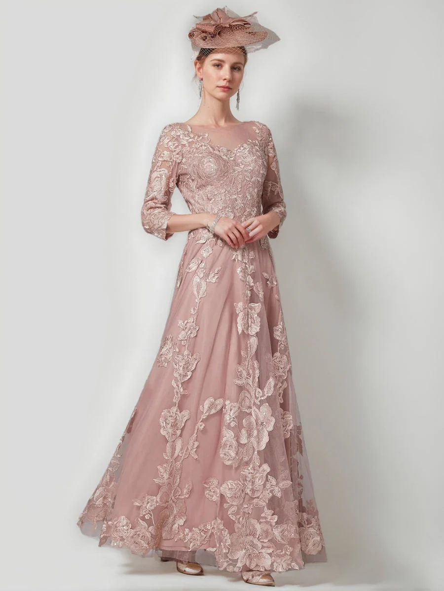 A-Line/Princess Scoop 3/4 Sleeves Lace Mother of the Bride Dresses Floor-Length Evening Dress Formal Dress