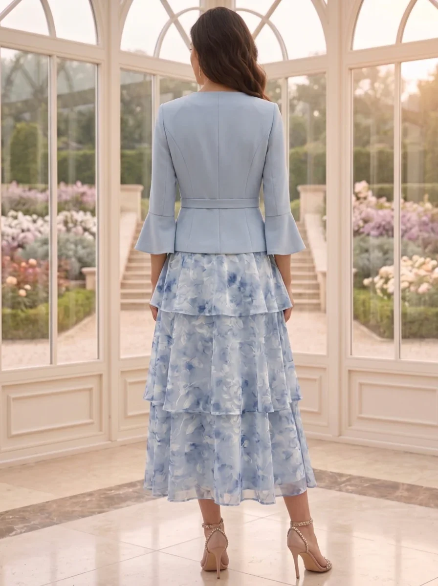 A-Line/Princess Scoop Chiffon Floral Mother of the Bride Dresses with Jacket Tea-Length 3/4 Sleeves Ruffles - Image 2