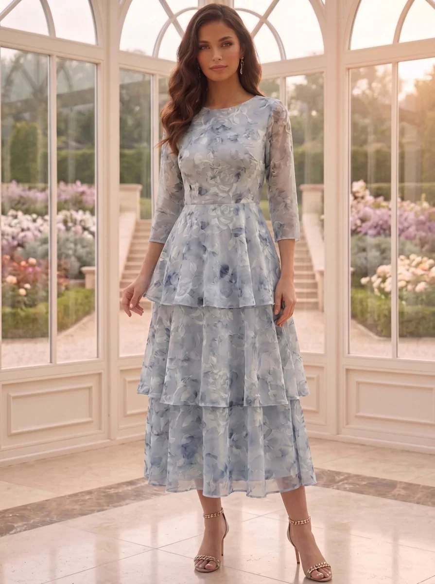 A-Line/Princess Scoop Chiffon Floral Mother of the Bride Dresses with Jacket Tea-Length 3/4 Sleeves Ruffles - Image 3