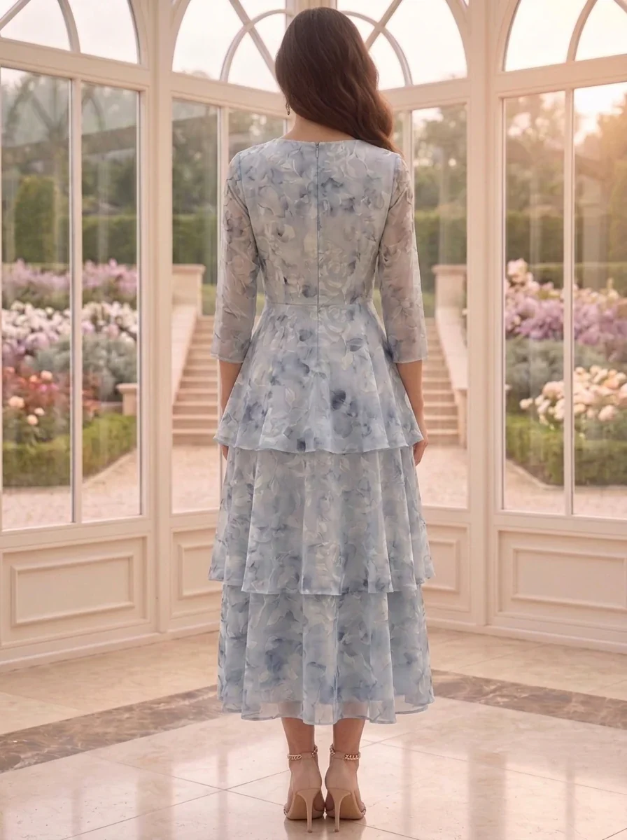 A-Line/Princess Scoop Chiffon Floral Mother of the Bride Dresses with Jacket Tea-Length 3/4 Sleeves Ruffles - Image 4