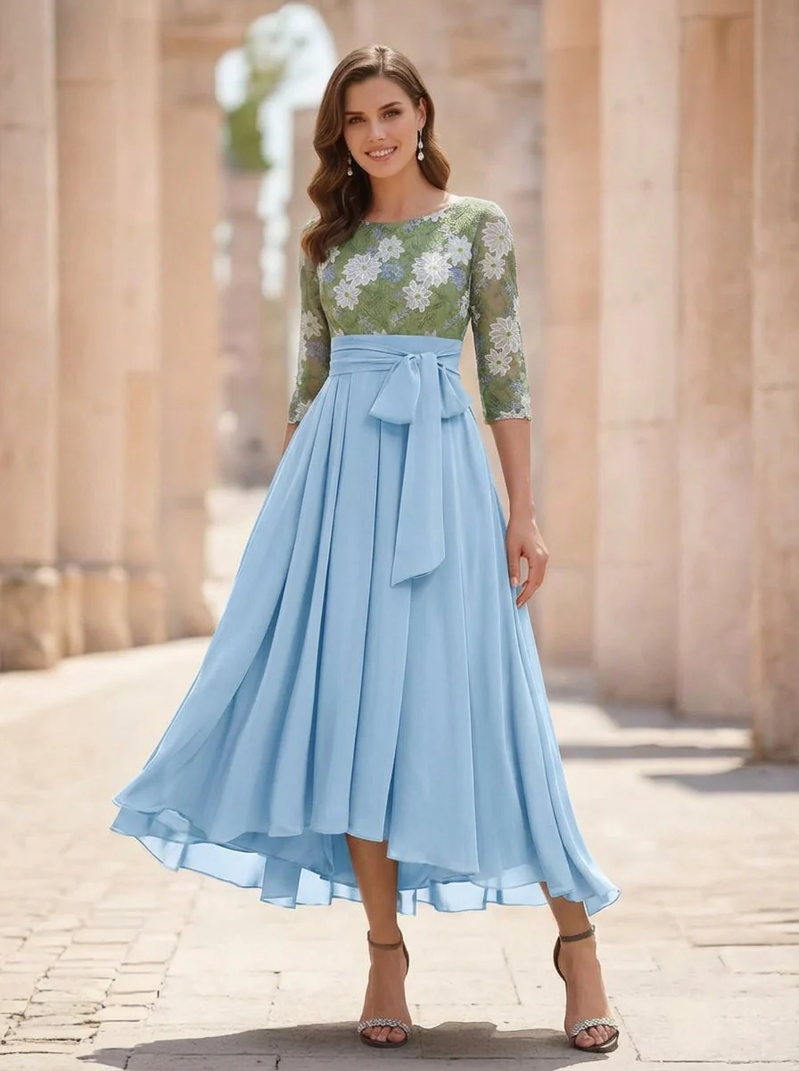 A-Line/Princess Scoop Chiffon Mother of the Bride Dresses 3/4 Sleeves Lace Floral Tea-Length With Pleated Bowknot - Image 5
