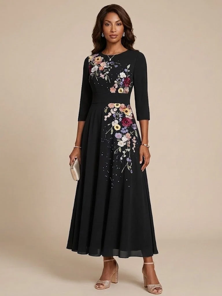 A-Line/Princess Scoop Chiffon Mother of the Bride Dresses 3/4 Sleeves Lace Tea-Length Floral - Image 3