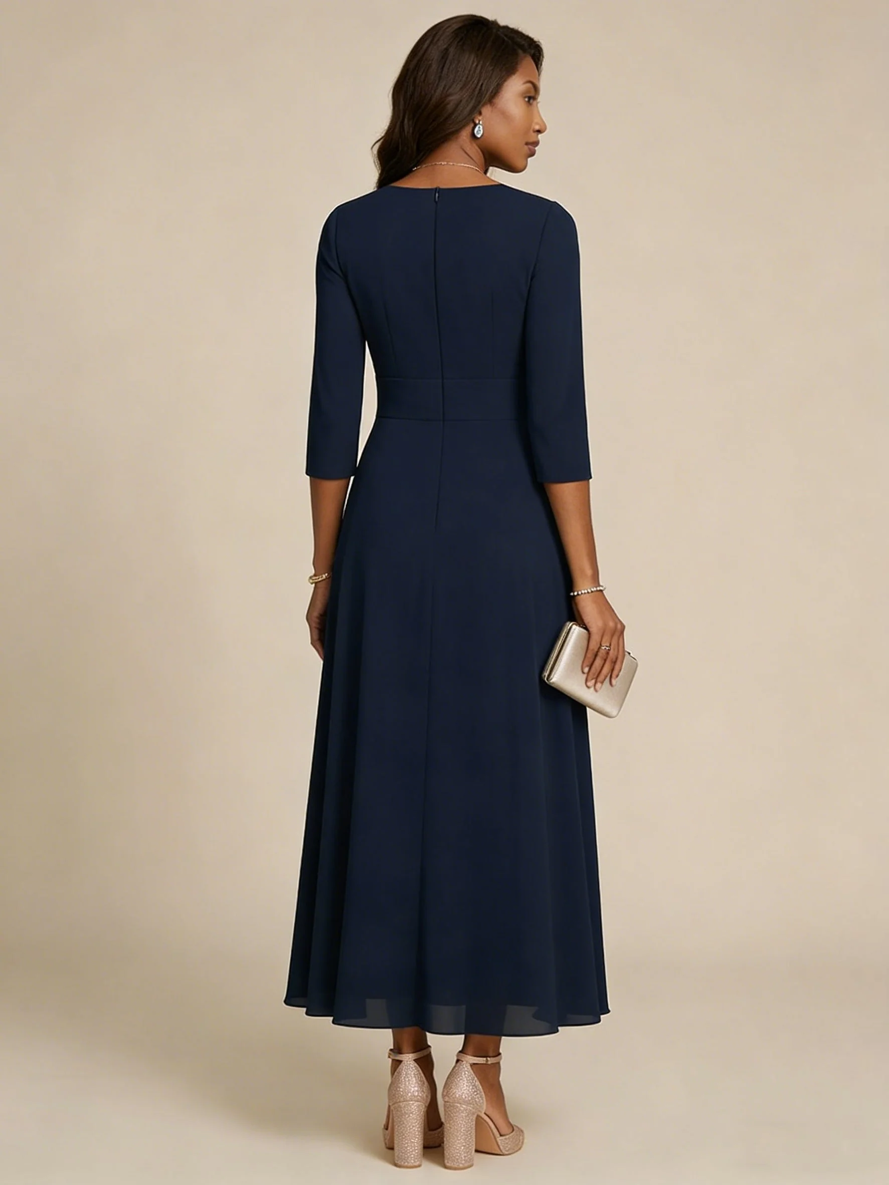 A-Line/Princess Scoop Chiffon Mother of the Bride Dresses 3/4 Sleeves Lace Tea-Length Floral - Image 4