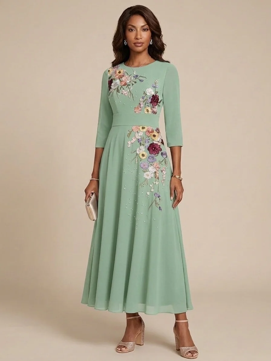 A-Line/Princess Scoop Chiffon Mother of the Bride Dresses 3/4 Sleeves Lace Tea-Length Floral - Image 5