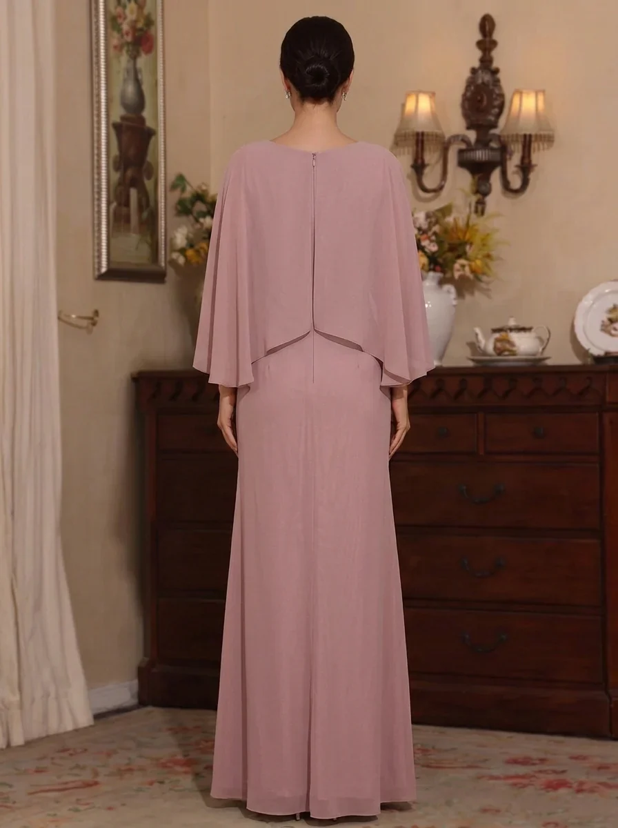 A-Line/Princess Scoop Chiffon Mother of the Bride Dresses Floor-Length Cape Sleeves Ruched - Image 2