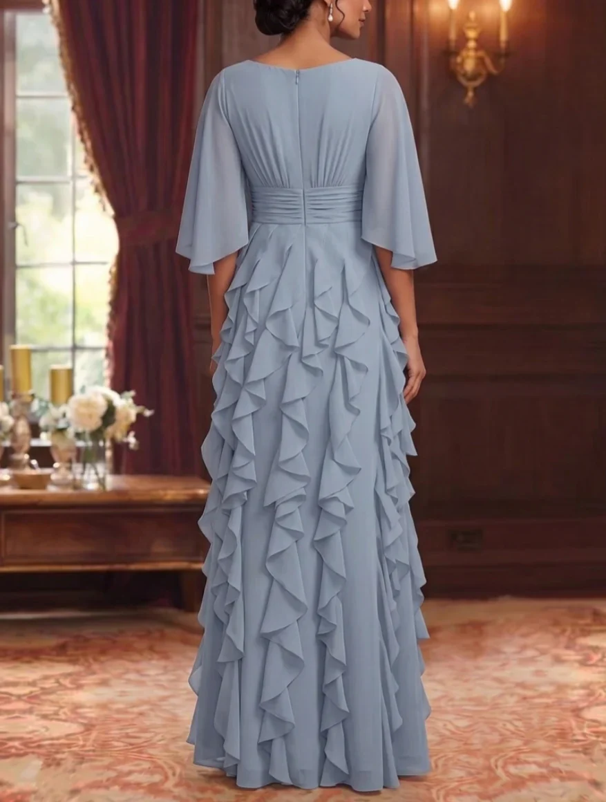 A-Line/Princess Scoop Chiffon Mother of the Bride Dresses Floor-Length Ruffles 3/4 Sleeves - Image 2