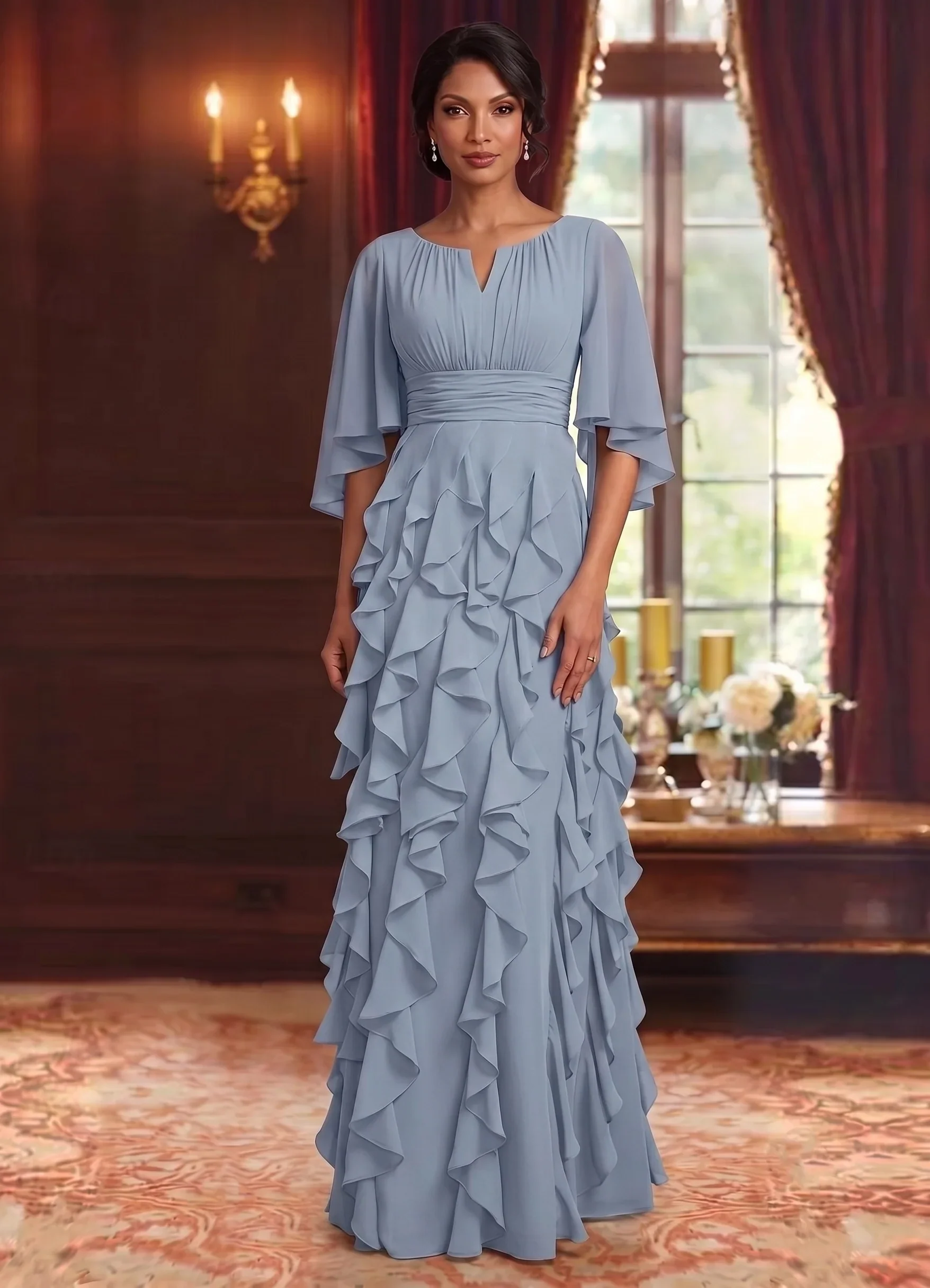 A-Line/Princess Scoop Chiffon Mother of the Bride Dresses Floor-Length Ruffles 3/4 Sleeves - Image 3