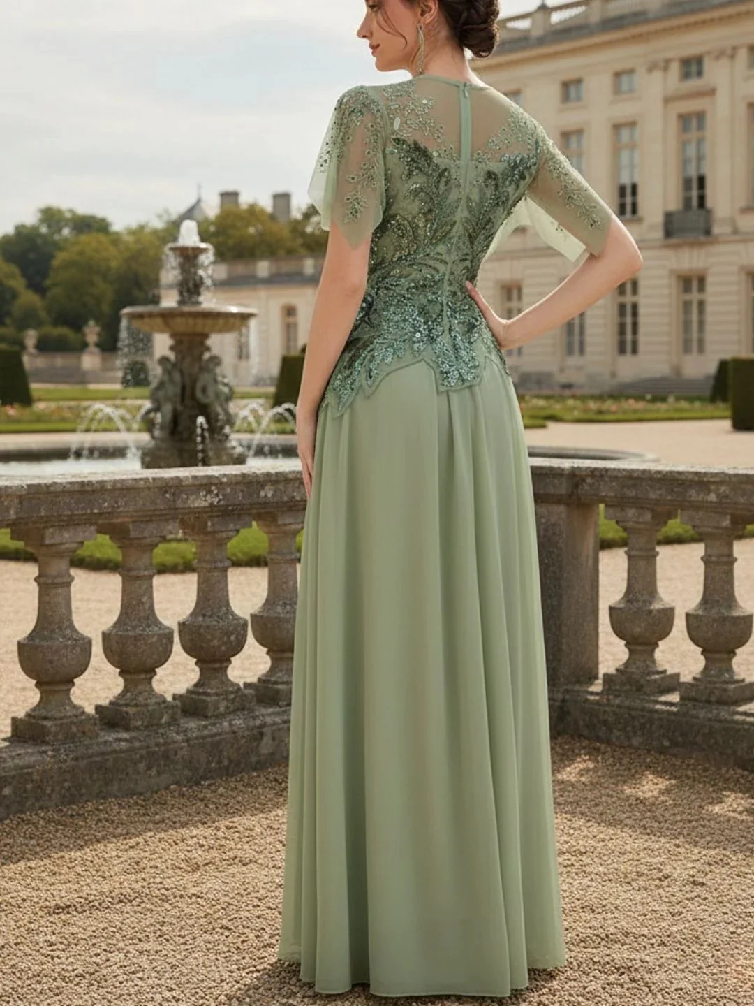 A-Line/Princess Scoop Chiffon Mother of the Bride Dresses Floor-Length Short Sleeves With Sequins&Embroidery - Image 2