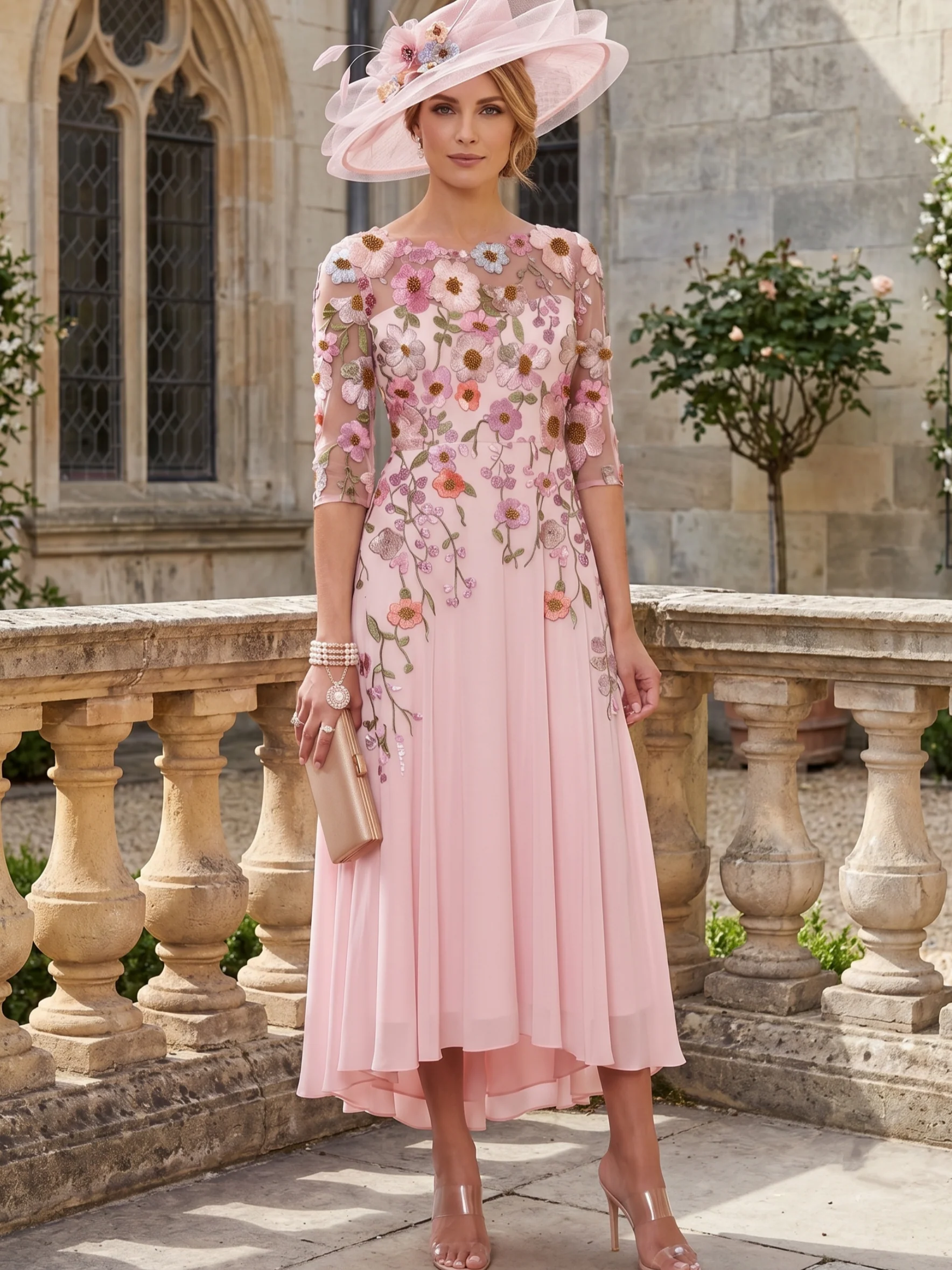 A-Line/Princess Scoop Chiffon Mother of the Bride Dresses Floral Asymmetrical Tea-Length 3/4 Sleeves