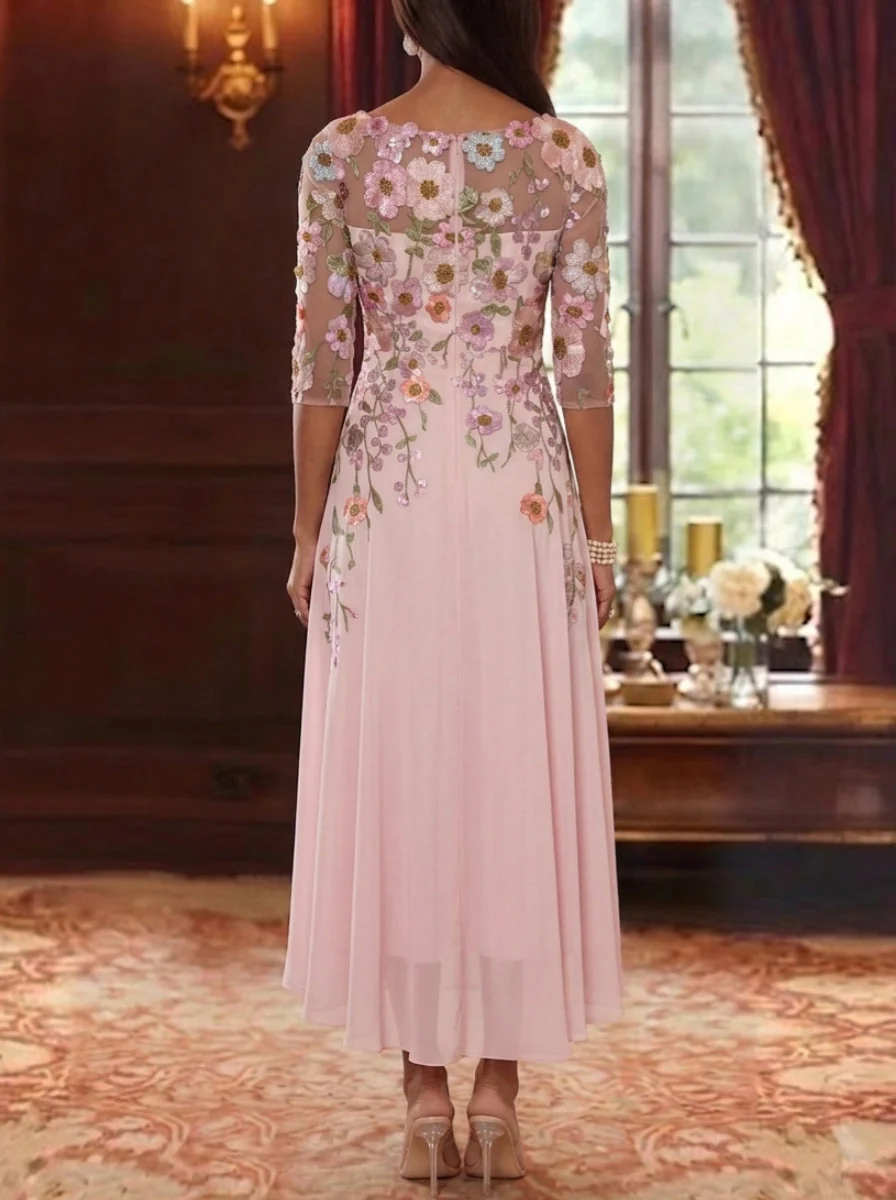 A-Line/Princess Scoop Chiffon Mother of the Bride Dresses Floral Asymmetrical Tea-Length 3/4 Sleeves - Image 3
