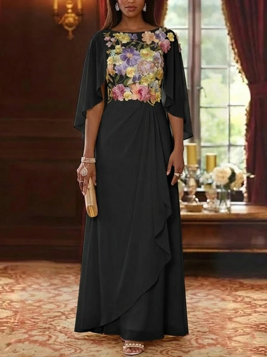 A-Line/Princess Scoop Chiffon Mother of the Bride Dresses Lace Floral Floor-Length Cape Sleeves - Image 5